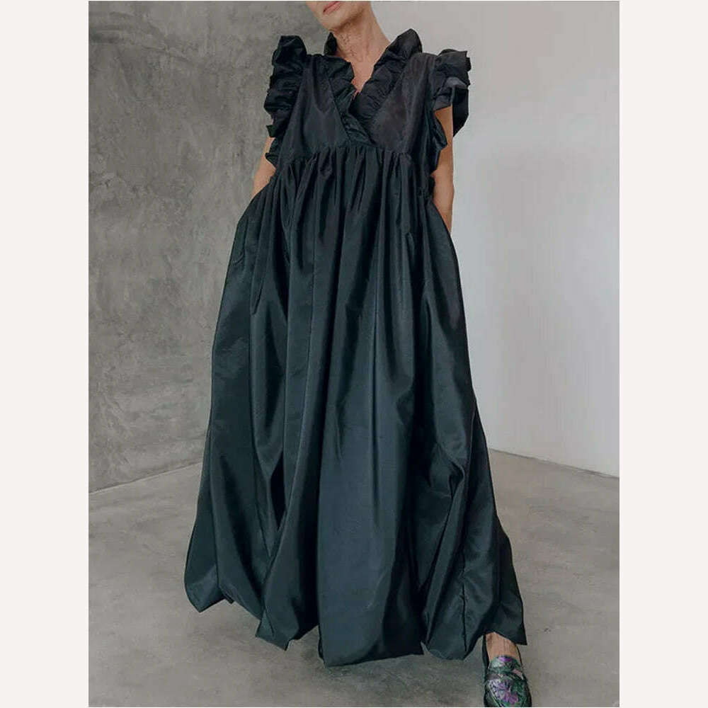Women's Pleated Dress A-line Loose Ruffle Pockets Sleeveless Summer Casual Vintage Fashion V-Neck Summer Dress for Female - KIMLUD