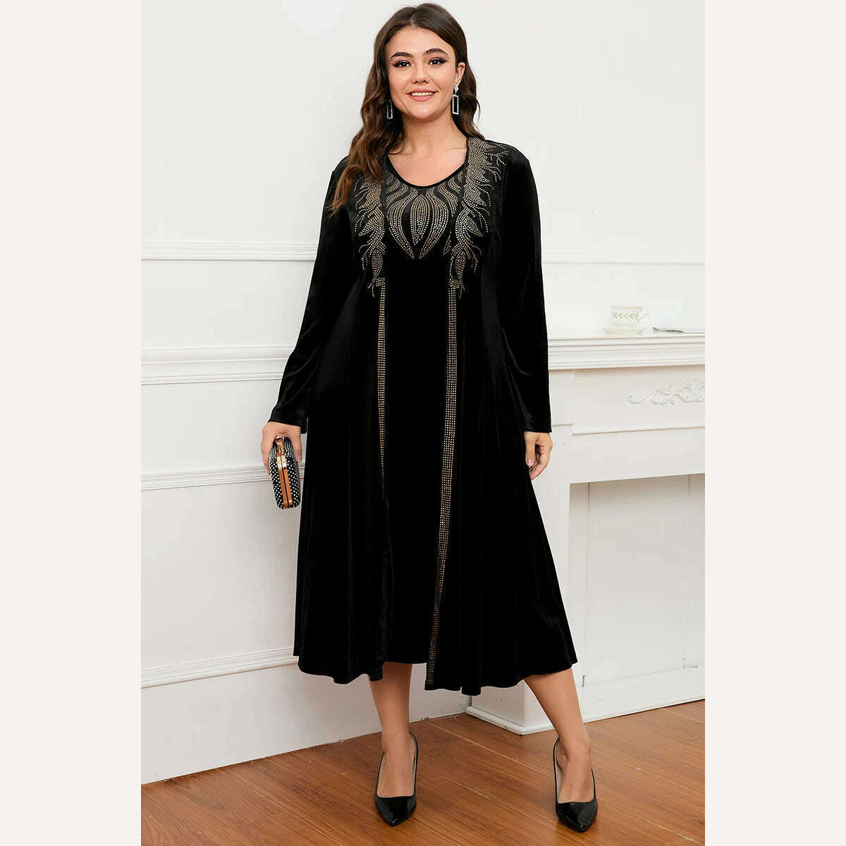 KIMLUD, Women's Plus Size Dress Two Piece Dress Set Velvet Autumn Printing Round Neck Casual Elegant Tank Dress and Long Jacket Outfit, KIMLUD Womens Clothes
