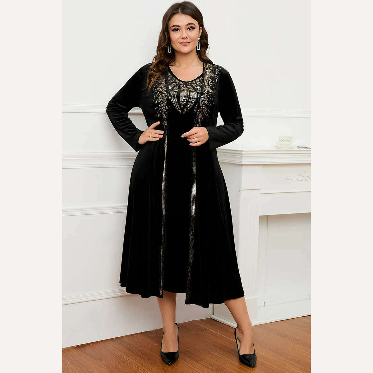 KIMLUD, Women's Plus Size Dress Two Piece Dress Set Velvet Autumn Printing Round Neck Casual Elegant Tank Dress and Long Jacket Outfit, Black / XXXL, KIMLUD Womens Clothes