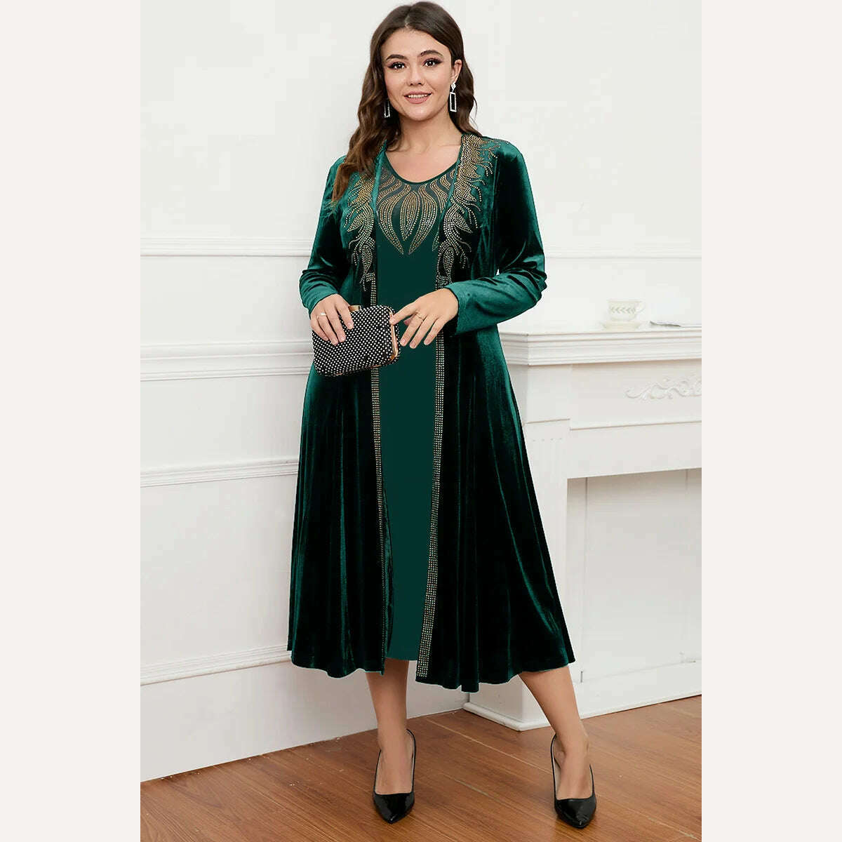 KIMLUD, Women's Plus Size Dress Two Piece Dress Set Velvet Autumn Printing Round Neck Casual Elegant Tank Dress and Long Jacket Outfit, Green / XXXL, KIMLUD Womens Clothes