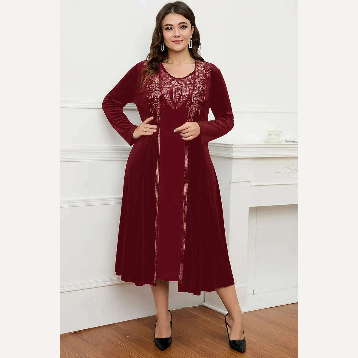 KIMLUD, Women's Plus Size Dress Two Piece Dress Set Velvet Autumn Printing Round Neck Casual Elegant Tank Dress and Long Jacket Outfit, Red / 5XL, KIMLUD Women's Clothes