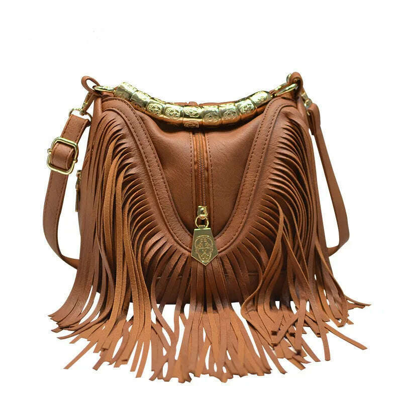 KIMLUD, Women's PU Bags European and American Trendy Bucket Fringe Handbags Shoulder Messenger Bags, KIMLUD Women's Clothes