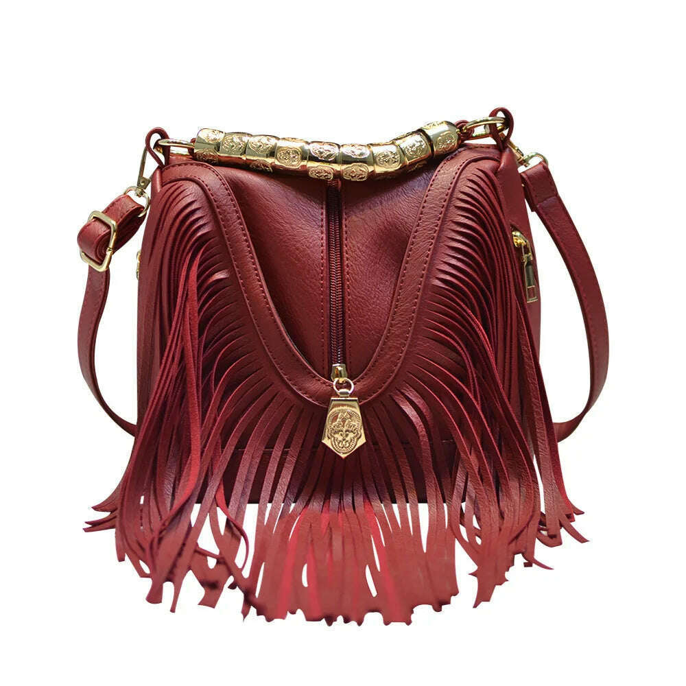 KIMLUD, Women's PU Bags European and American Trendy Bucket Fringe Handbags Shoulder Messenger Bags, Red / M / CHINA, KIMLUD Women's Clothes