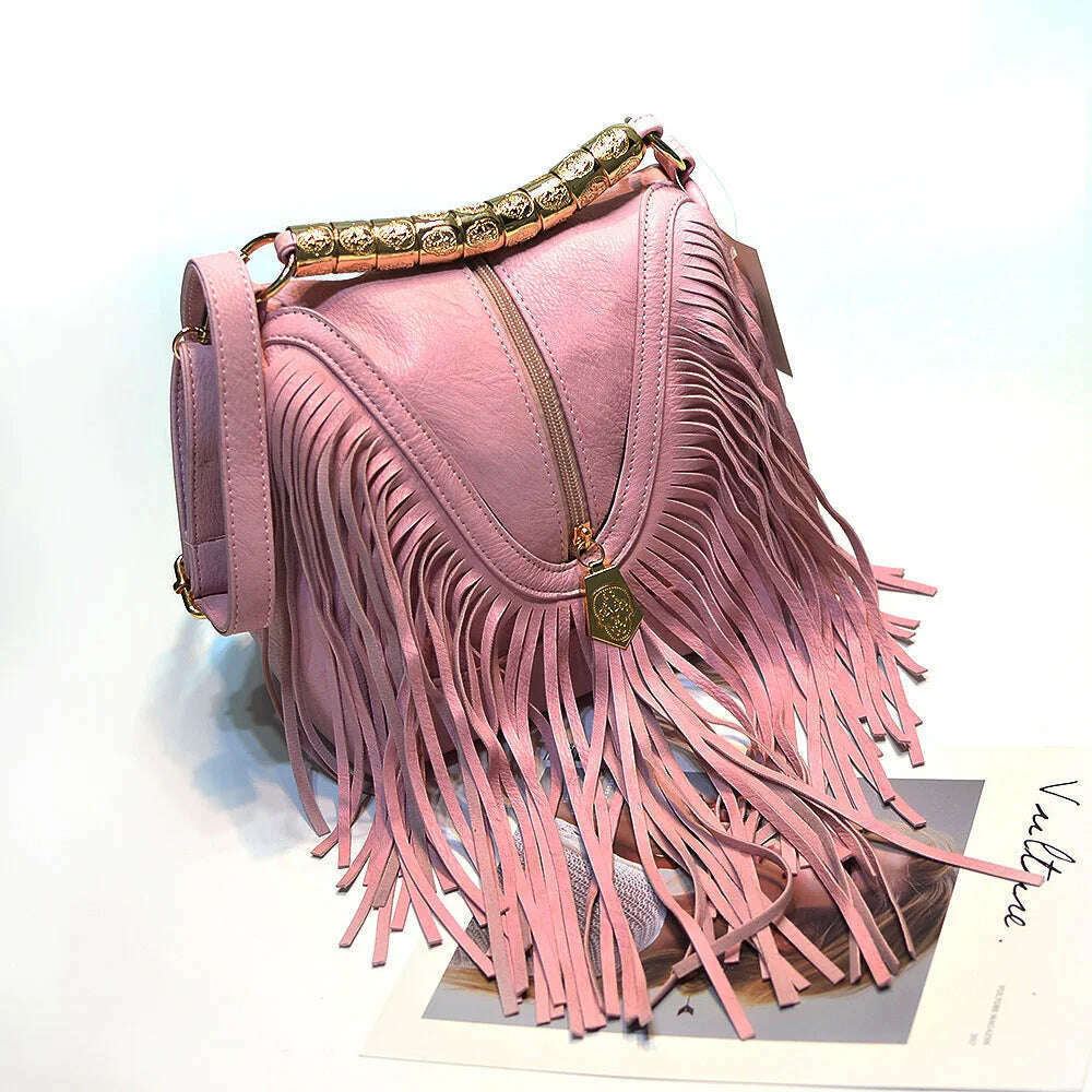 KIMLUD, Women's PU Bags European and American Trendy Bucket Fringe Handbags Shoulder Messenger Bags, Pink / M / CHINA, KIMLUD Women's Clothes