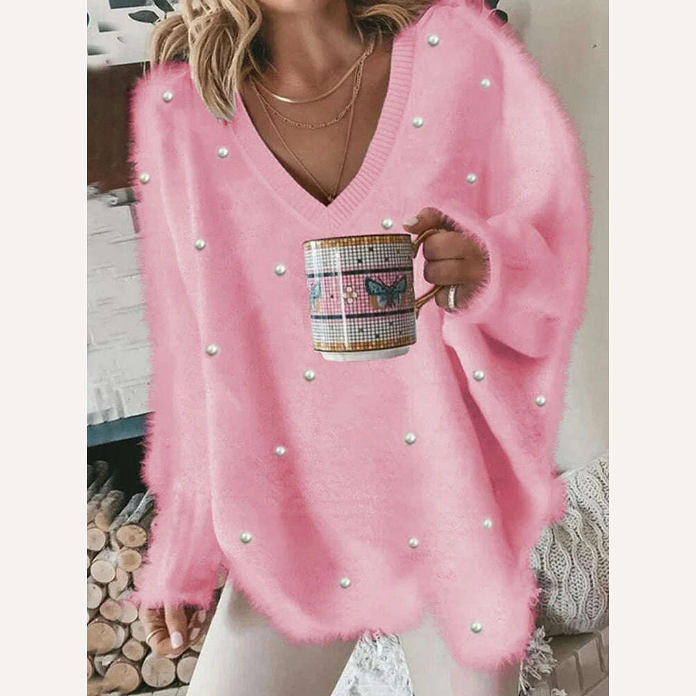 Women's Pullover Sweater Jumper Ribbed Knit Oversized Solid Color V Neck Stylish Casual Outdoor Daily Fall Winter - KIMLUD
