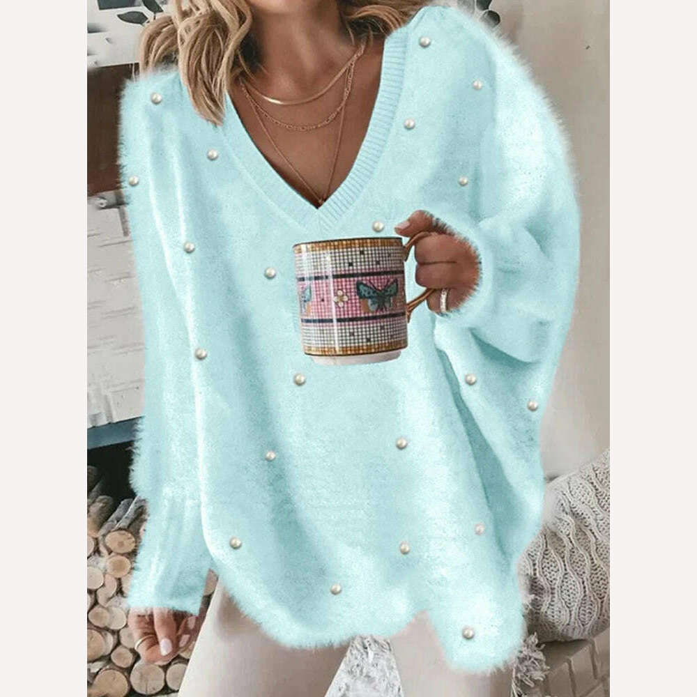 Women's Pullover Sweater Jumper Ribbed Knit Oversized Solid Color V Neck Stylish Casual Outdoor Daily Fall Winter - KIMLUD
