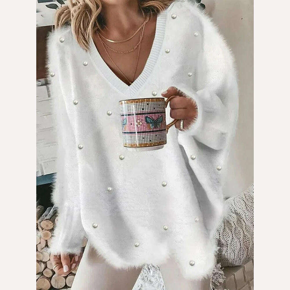Women's Pullover Sweater Jumper Ribbed Knit Oversized Solid Color V Neck Stylish Casual Outdoor Daily Fall Winter - KIMLUD