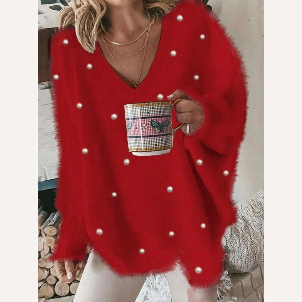 Women's Pullover Sweater Jumper Ribbed Knit Oversized Solid Color V Neck Stylish Casual Outdoor Daily Fall Winter - KIMLUD
