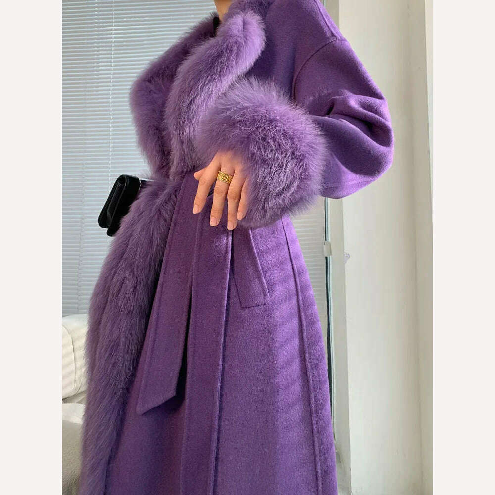 KIMLUD, Women's purple double face wool long cardigan coat with belt lady elegant genuine fox fur collar woolen outwear windbreak LY914, KIMLUD Womens Clothes