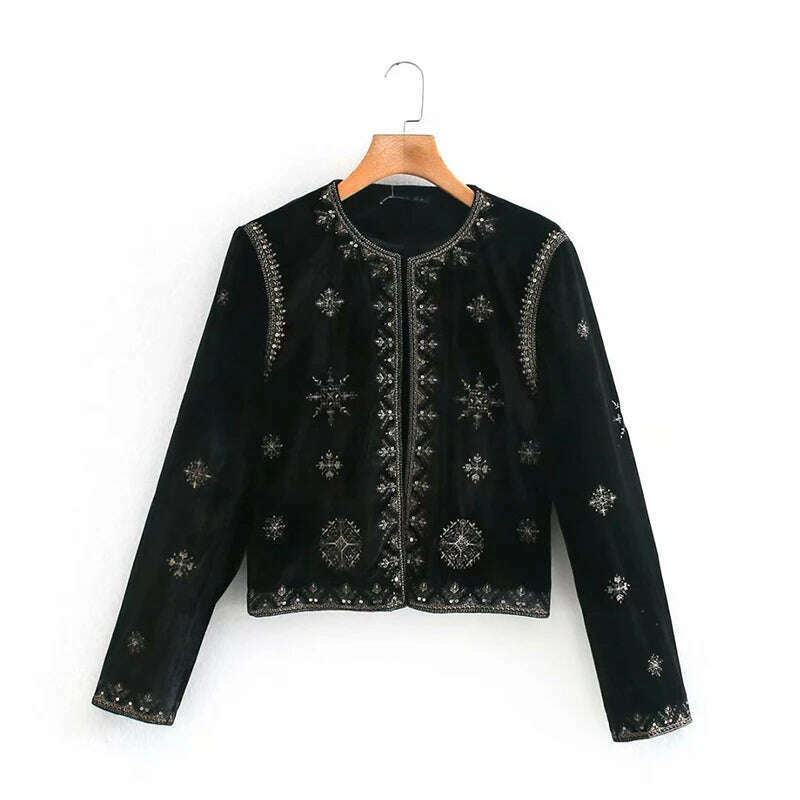 Women's Retro Palace Style Heavy Industry Embroidery Sequins Decorative Velvet Short Cardigan Jacket Autumn And Winter - KIMLUD