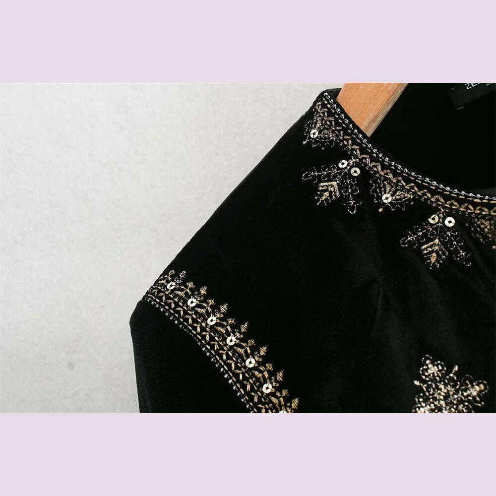 Women's Retro Palace Style Heavy Industry Embroidery Sequins Decorative Velvet Short Cardigan Jacket Autumn And Winter - KIMLUD