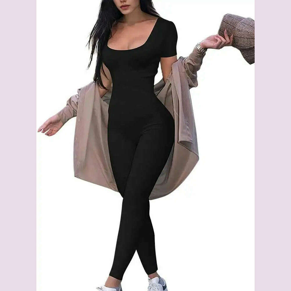 KIMLUD, Women's Rompers Short Sleeve Solid Skinny Bodycon Jumpsuits Fashion Sports Fiess Casual Activity Streetwear Overalls, KIMLUD Womens Clothes