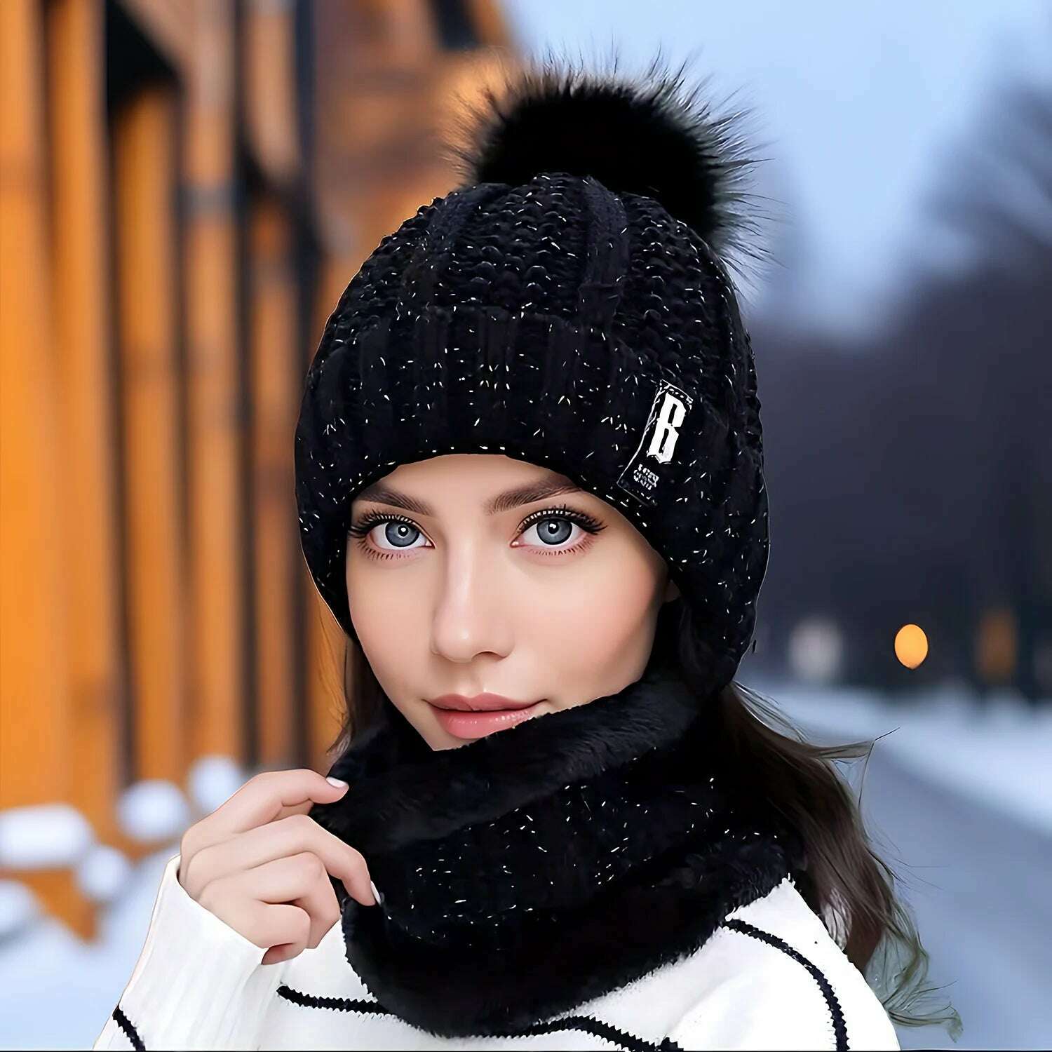 KIMLUD, Women's Scarf Hat Winter Cycling Padded Warm Knitted Wool Hat Thickened Windproof Scarf Hat Warm and Cold Knitted Hat, KIMLUD Women's Clothes