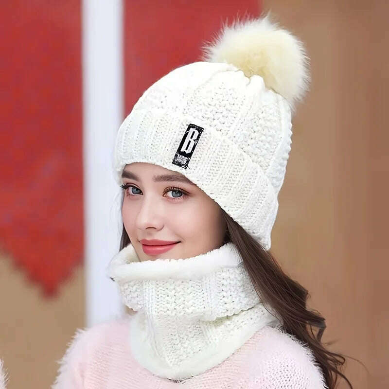 KIMLUD, Women's Scarf Hat Winter Cycling Padded Warm Knitted Wool Hat Thickened Windproof Scarf Hat Warm and Cold Knitted Hat, White / 1PC, KIMLUD Womens Clothes