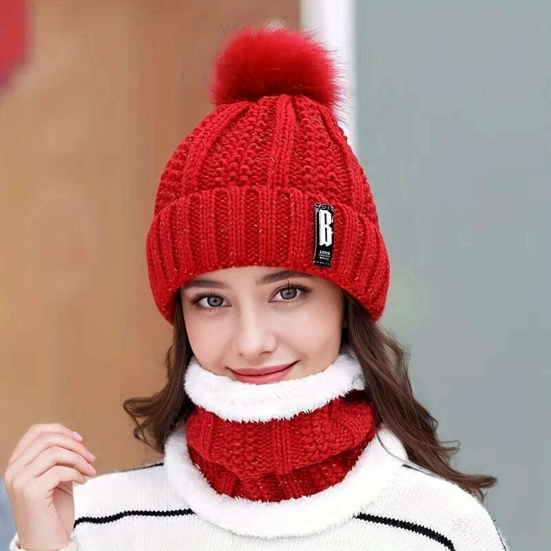 KIMLUD, Women's Scarf Hat Winter Cycling Padded Warm Knitted Wool Hat Thickened Windproof Scarf Hat Warm and Cold Knitted Hat, Red / 1PC, KIMLUD Womens Clothes
