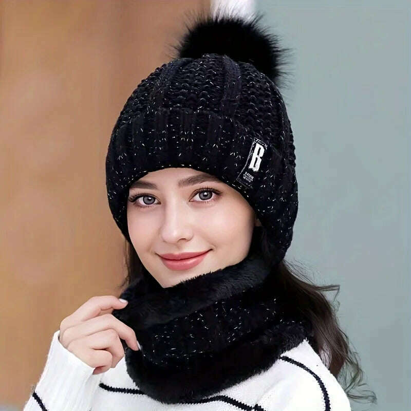 KIMLUD, Women's Scarf Hat Winter Cycling Padded Warm Knitted Wool Hat Thickened Windproof Scarf Hat Warm and Cold Knitted Hat, Black / 1PC, KIMLUD Womens Clothes
