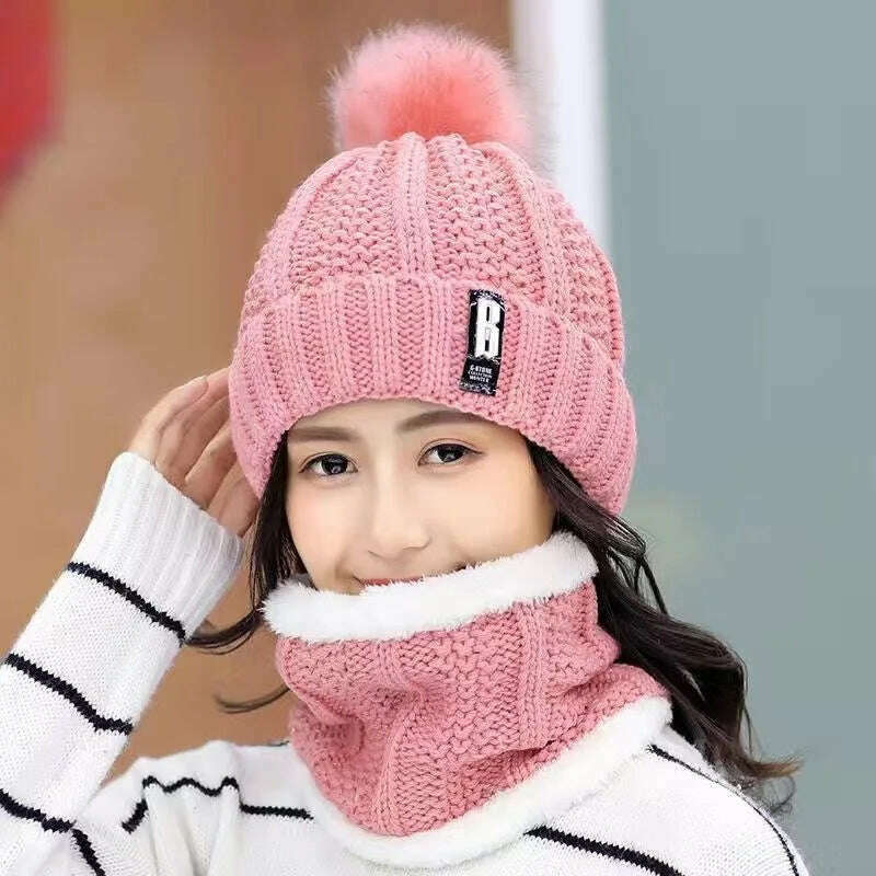 KIMLUD, Women's Scarf Hat Winter Cycling Padded Warm Knitted Wool Hat Thickened Windproof Scarf Hat Warm and Cold Knitted Hat, Pink / 1PC, KIMLUD Womens Clothes