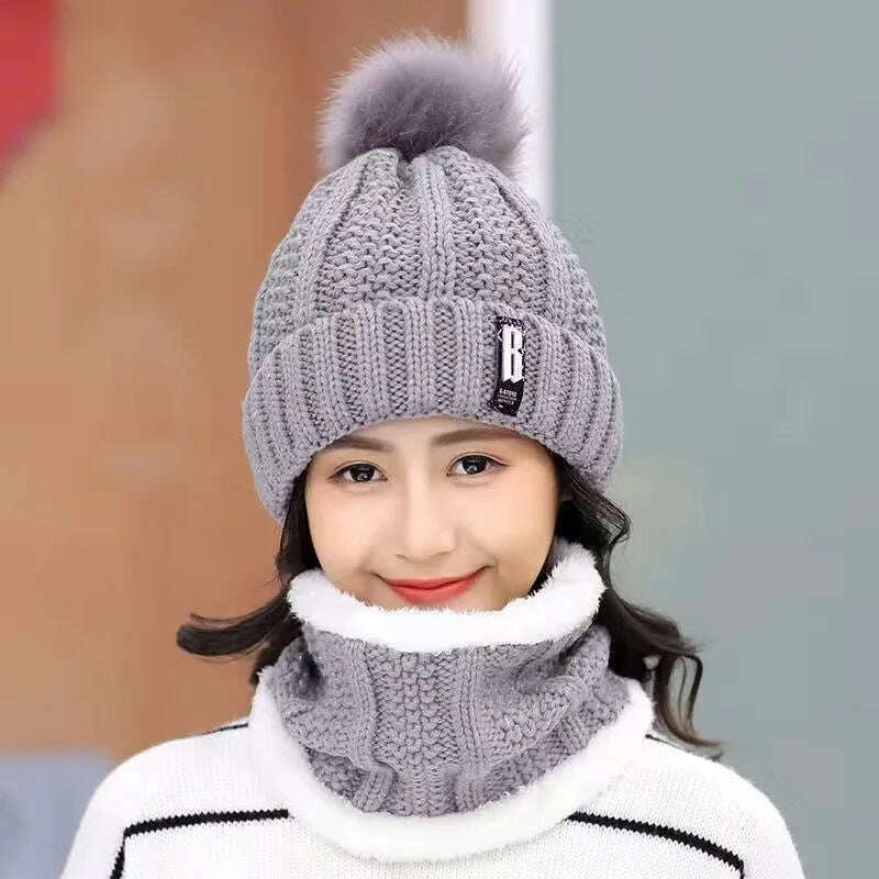KIMLUD, Women's Scarf Hat Winter Cycling Padded Warm Knitted Wool Hat Thickened Windproof Scarf Hat Warm and Cold Knitted Hat, Grey / 1PC, KIMLUD Womens Clothes