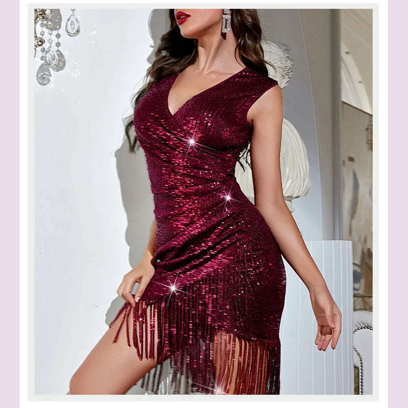 KIMLUD, Women's Sexy 1920s Deep V Evening Dress Gatsby Style vestidos Ladies Vintage Burgundy Sequined Tassel Irregular Hem Dresses 2022, KIMLUD Womens Clothes
