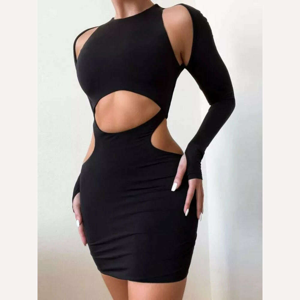 KIMLUD, Women's Sexy Black Bodycon Dress Long Sleeve Mini Dresses Casual Fashion Club Party Women Clothes Elegant, black / S, KIMLUD APPAREL - Womens Clothes