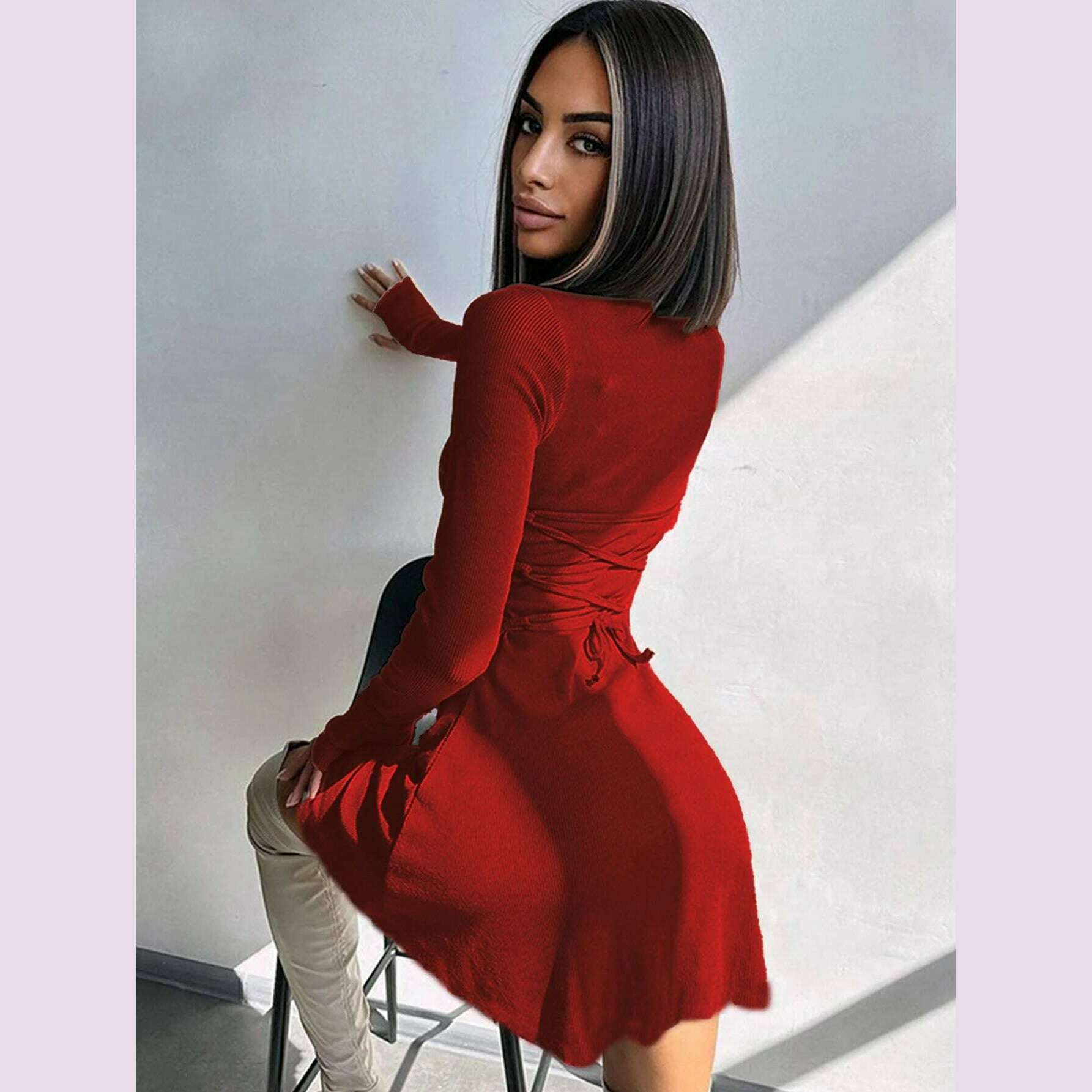 Women's Sexy Club Long Sleeve Mini Bodycon Dress Suitable For Nightclub, Family Party, Vacation, Leisure - KIMLUD