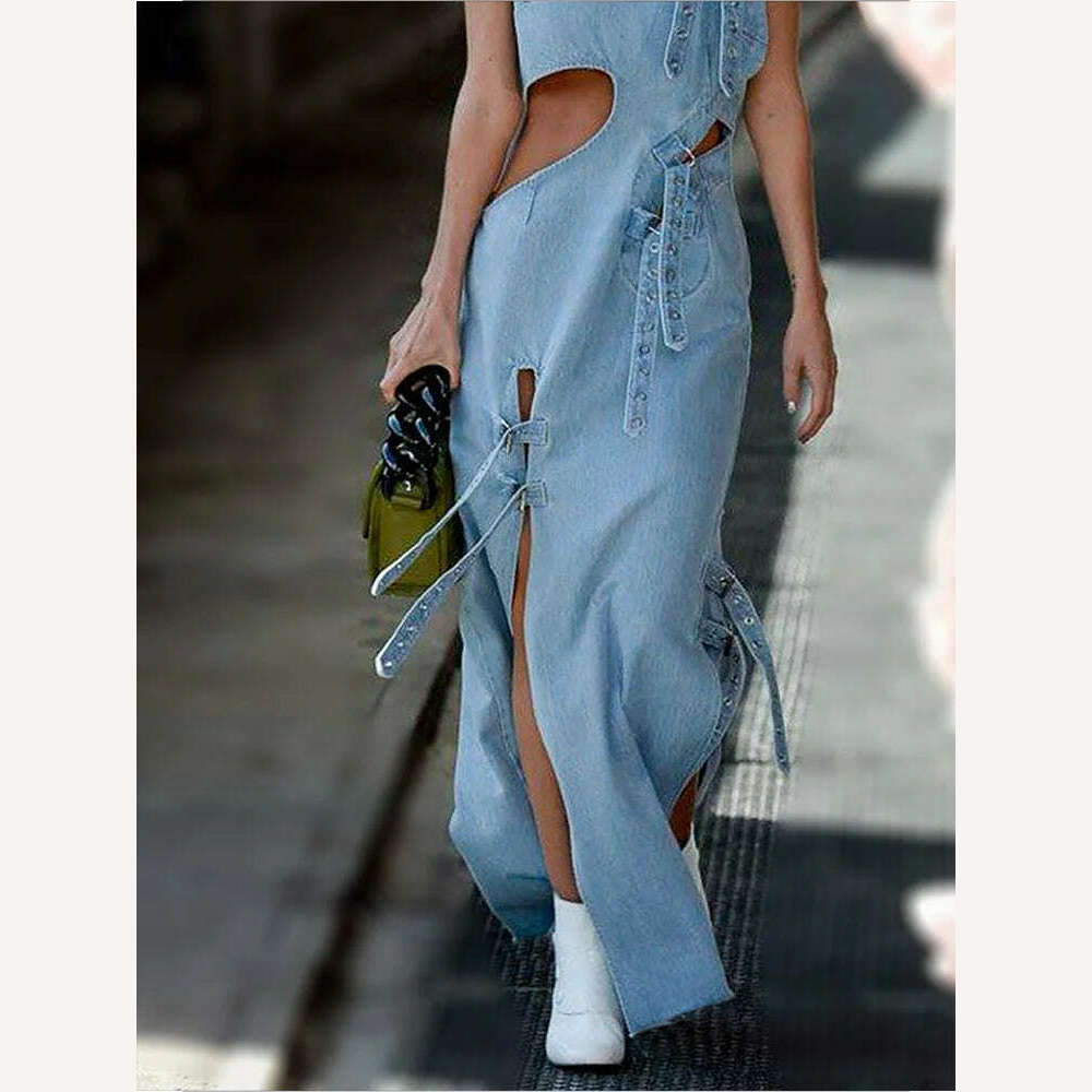 KIMLUD, Women's Sexy Denim Dress Standing Collar Casual Sleeveless Hollowed Out Split Rivet Tie Up Women's Maxi Dress, KIMLUD Womens Clothes