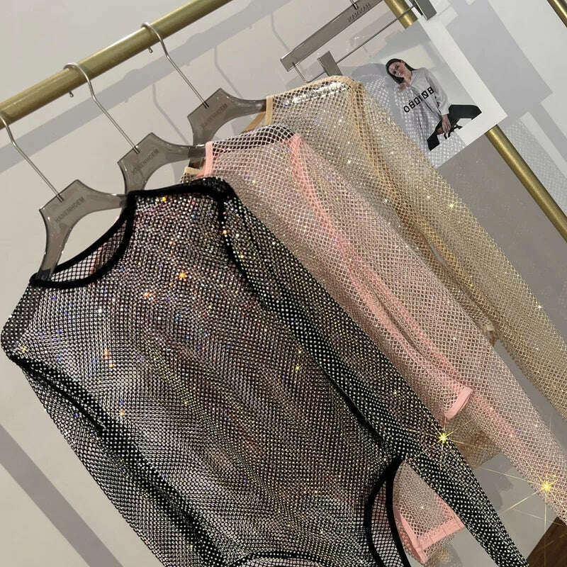 Women's Shiny Rhinestone Fishnet See-Through Bodysuit Mesh Fashion Sexy Bodysuit - KIMLUD
