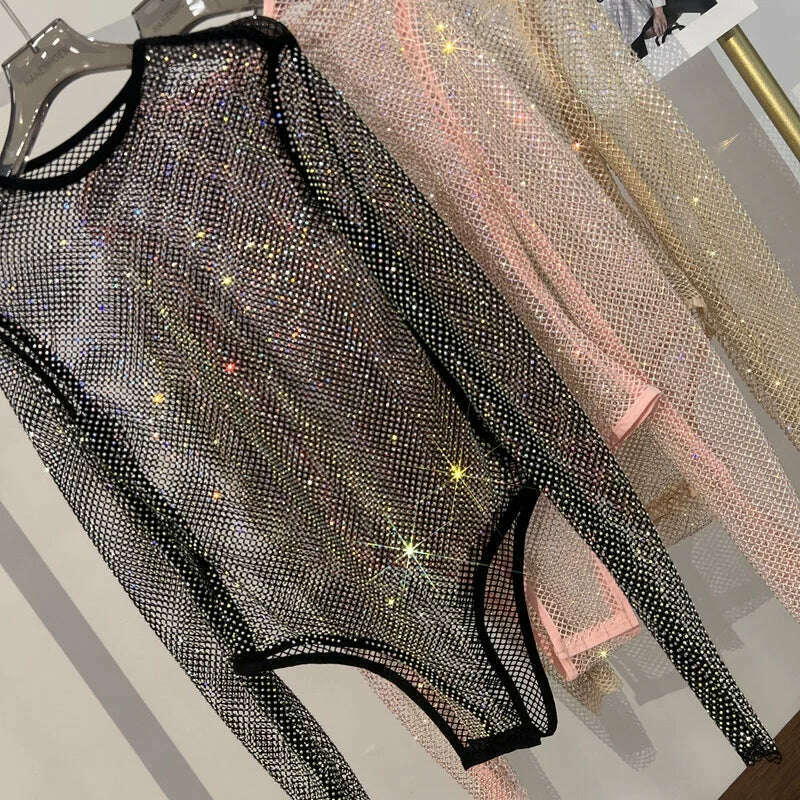 Women's Shiny Rhinestone Fishnet See-Through Bodysuit Mesh Fashion Sexy Bodysuit - KIMLUD