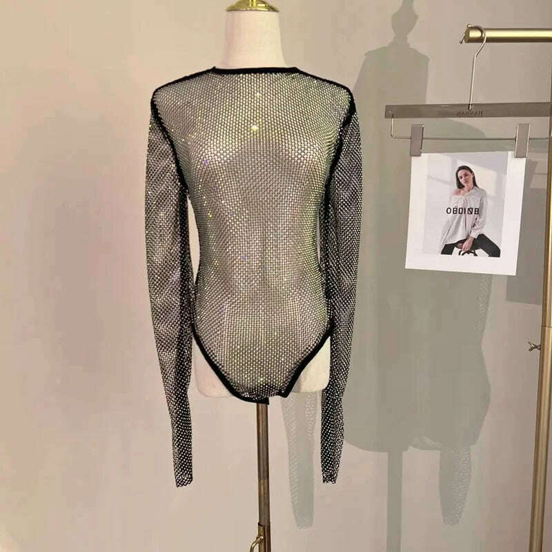 KIMLUD, Women's Shiny Rhinestone Fishnet See-Through Bodysuit Mesh Fashion Sexy Bodysuit, Black / One Size, KIMLUD Womens Clothes