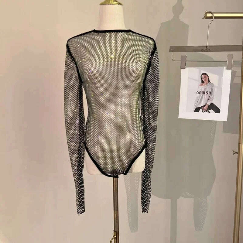 Women's Shiny Rhinestone Fishnet See-Through Bodysuit Mesh Fashion Sexy Bodysuit - KIMLUD