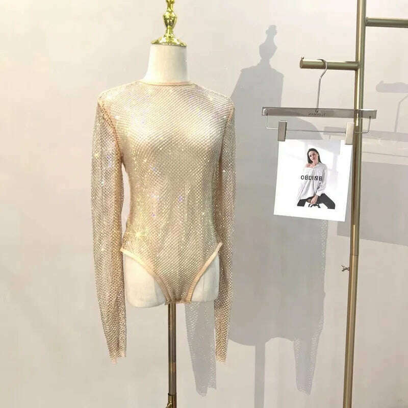 KIMLUD, Women's Shiny Rhinestone Fishnet See-Through Bodysuit Mesh Fashion Sexy Bodysuit, khaki / One Size, KIMLUD Womens Clothes