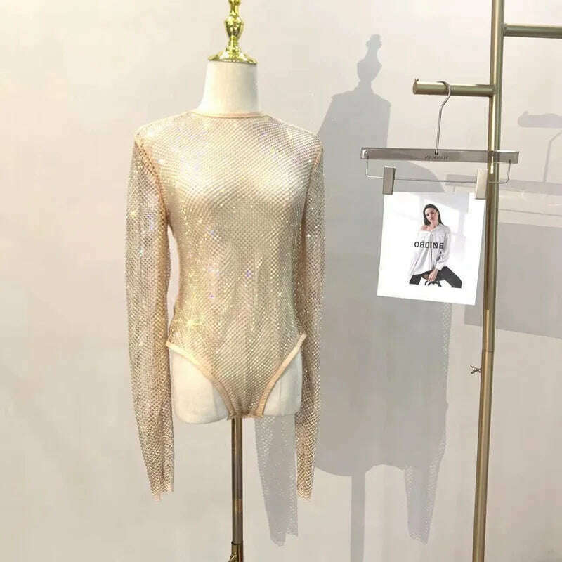 Women's Shiny Rhinestone Fishnet See-Through Bodysuit Mesh Fashion Sexy Bodysuit - KIMLUD