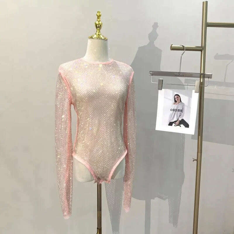 KIMLUD, Women's Shiny Rhinestone Fishnet See-Through Bodysuit Mesh Fashion Sexy Bodysuit, Pink / One Size, KIMLUD Womens Clothes
