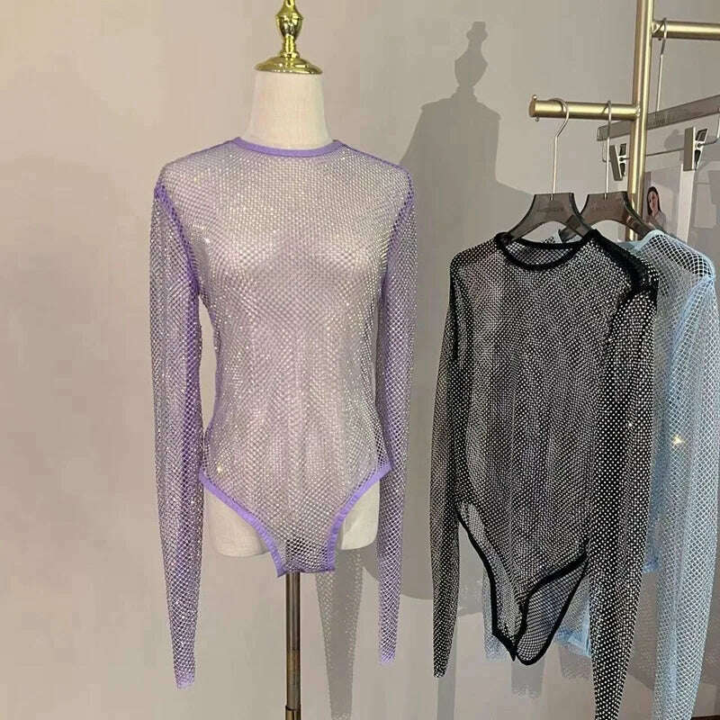 Women's Shiny Rhinestone Fishnet See-Through Bodysuit Mesh Fashion Sexy Bodysuit - KIMLUD