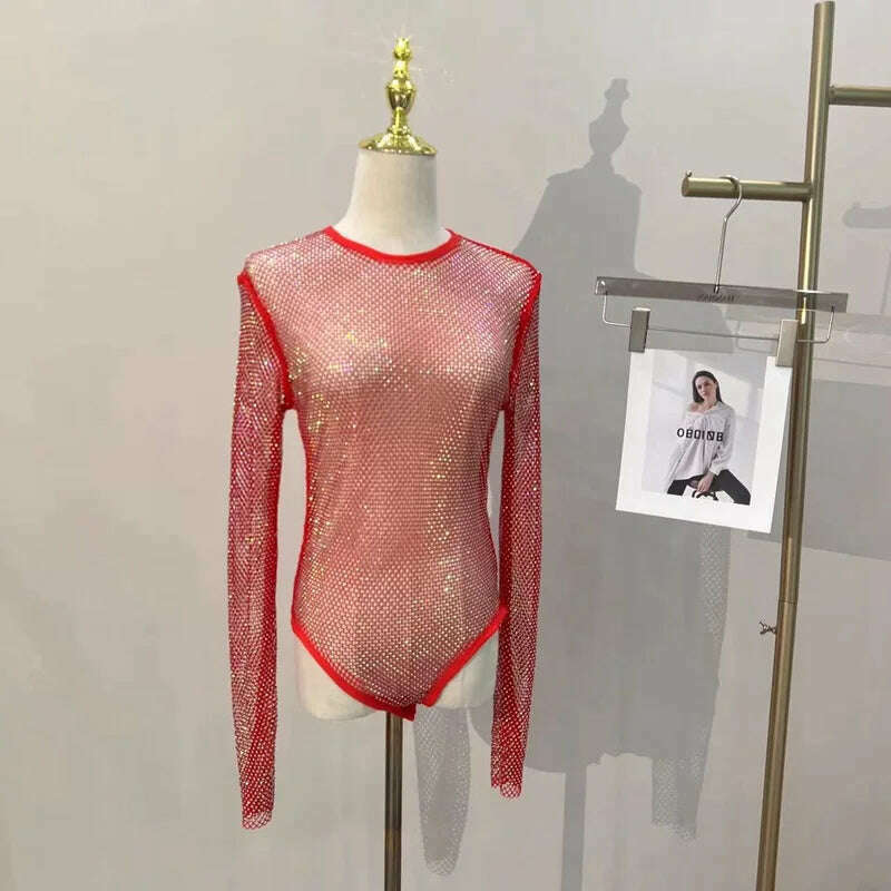 KIMLUD, Women's Shiny Rhinestone Fishnet See-Through Bodysuit Mesh Fashion Sexy Bodysuit, Red / One Size, KIMLUD Womens Clothes