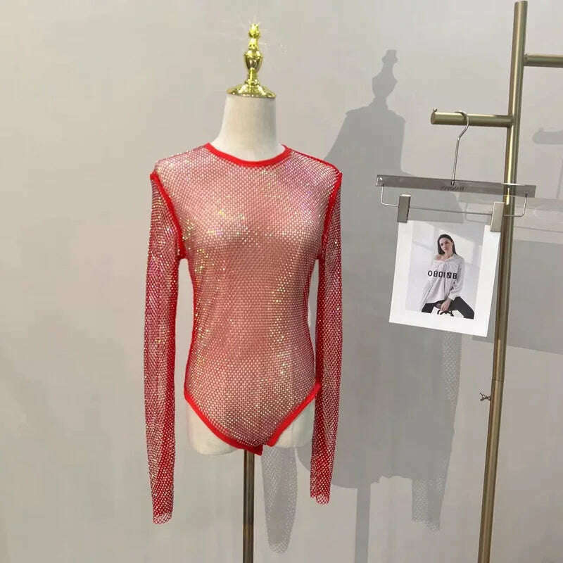 Women's Shiny Rhinestone Fishnet See-Through Bodysuit Mesh Fashion Sexy Bodysuit - KIMLUD