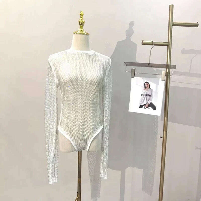Women's Shiny Rhinestone Fishnet See-Through Bodysuit Mesh Fashion Sexy Bodysuit - KIMLUD