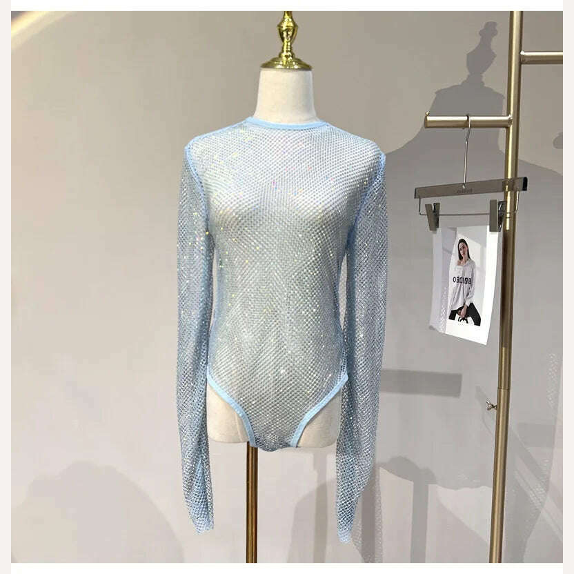 KIMLUD, Women's Shiny Rhinestone Fishnet See-Through Bodysuit Mesh Fashion Sexy Bodysuit, Sky-Blue / One Size, KIMLUD Womens Clothes