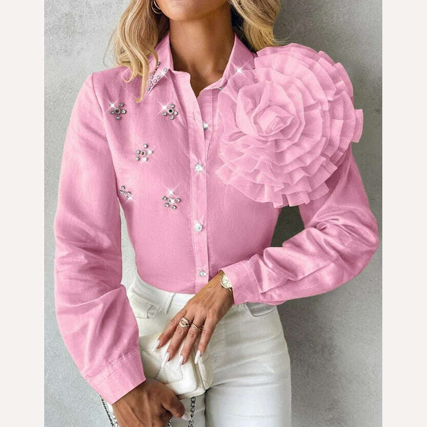 KIMLUD, Women's Shirt 2023 Autumn/winter New Fashion Versatile Polo Rose Detail Rhinestone Turn Down Collar Top Temperament Commuting, KIMLUD Women's Clothes