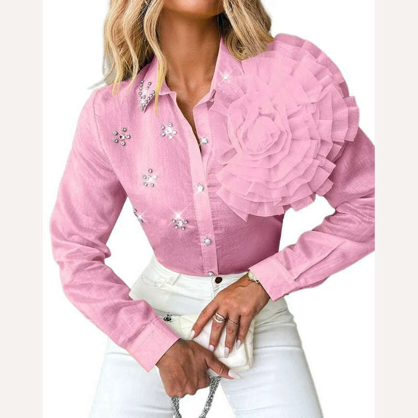 KIMLUD, Women's Shirt 2023 Autumn/winter New Fashion Versatile Polo Rose Detail Rhinestone Turn Down Collar Top Temperament Commuting, KIMLUD Womens Clothes