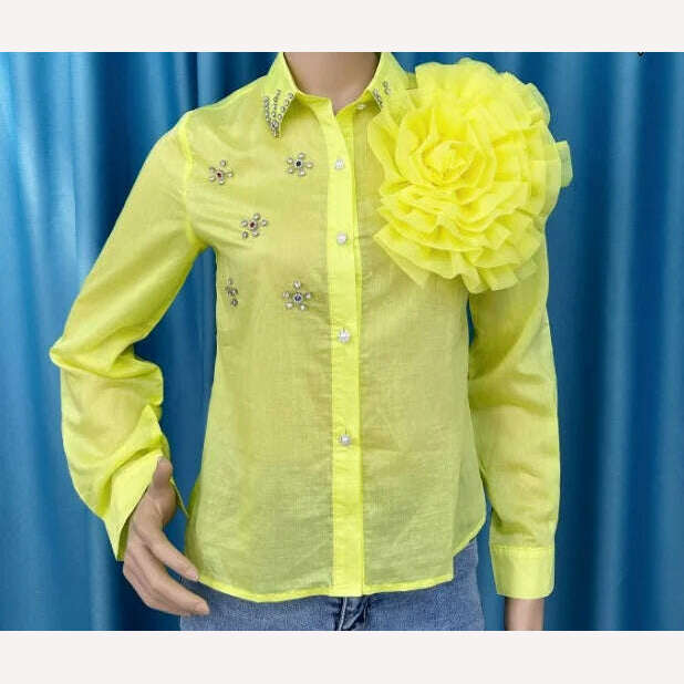 KIMLUD, Women's Shirt 2023 Autumn/winter New Fashion Versatile Polo Rose Detail Rhinestone Turn Down Collar Top Temperament Commuting, KIMLUD Womens Clothes