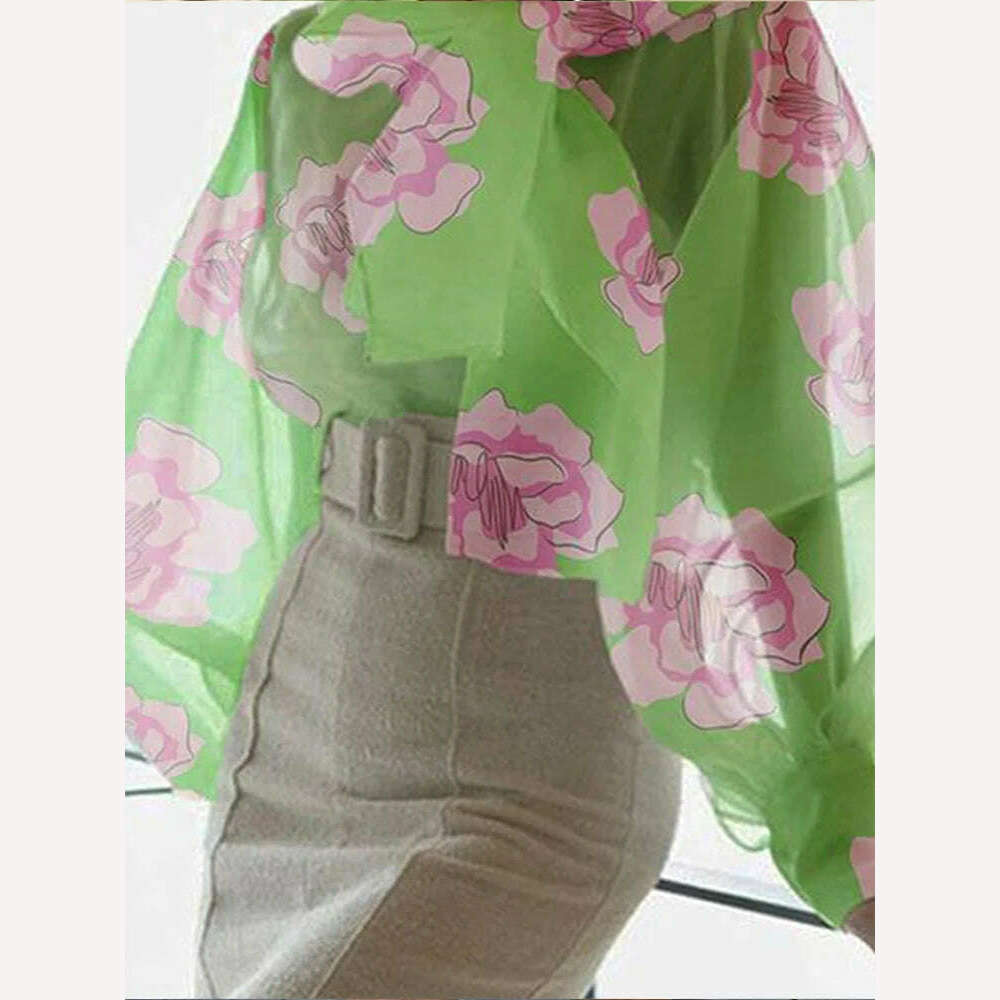 KIMLUD, Women's Shirt Long Sleeve Elegant Standing Neck Flower Print Balloon Sleeve Slim Fit Shirt Fashion Trend Summer 2023, KIMLUD Womens Clothes