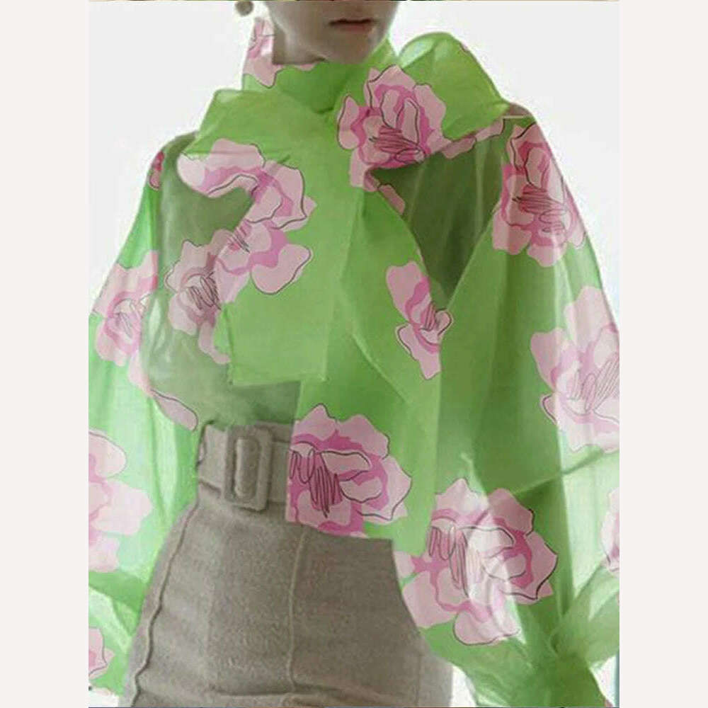 Women's Shirt Long Sleeve Elegant Standing Neck Flower Print Balloon Sleeve Slim Fit Shirt Fashion Trend Summer 2023, Green / M / CHINA, KIMLUD Women's Clothes
