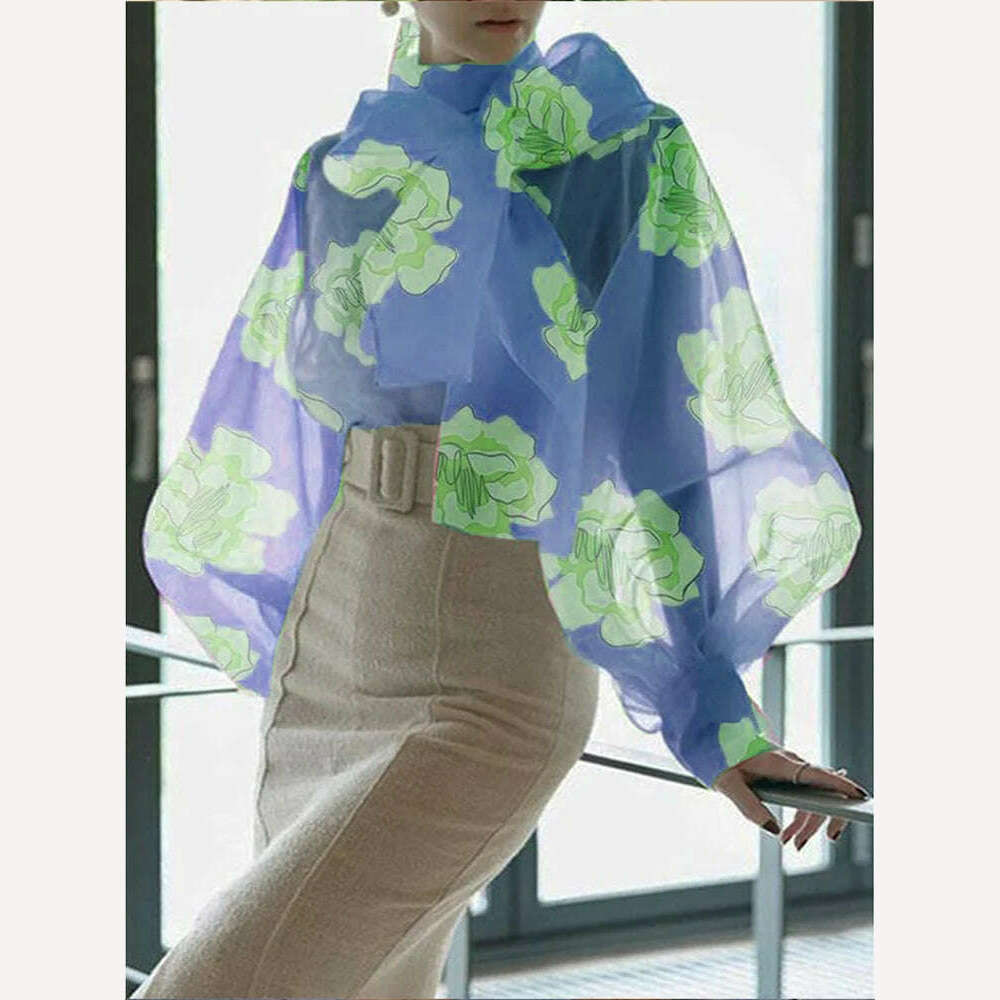 Women's Shirt Long Sleeve Elegant Standing Neck Flower Print Balloon Sleeve Slim Fit Shirt Fashion Trend Summer 2023, Blue / M / CHINA, KIMLUD Women's Clothes