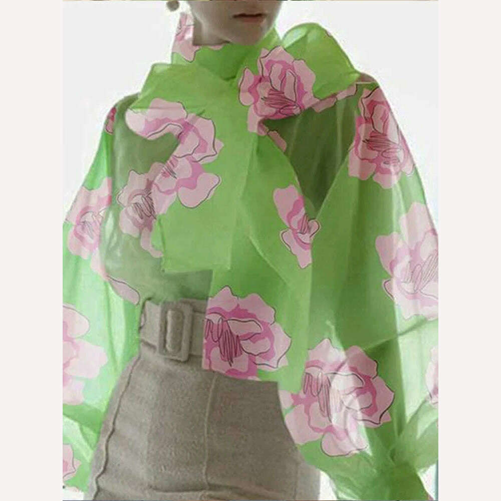 KIMLUD, Women's Shirt Long Sleeve Elegant Standing Neck Flower Print Balloon Sleeve Slim Fit Shirt Fashion Trend Summer blusas mujer, Green / M / CHINA, KIMLUD APPAREL - Womens Clothes