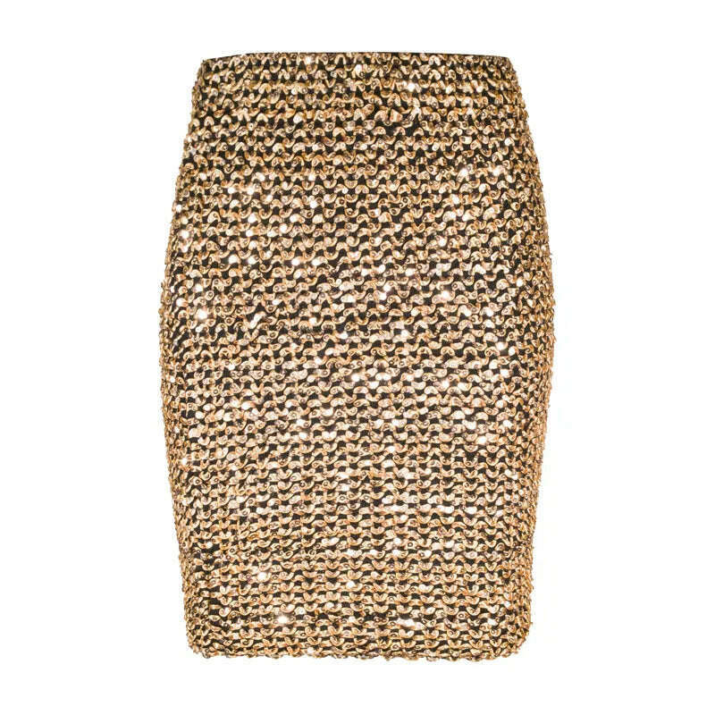 KIMLUD, Womens Skirts Gold Sequined Mini Skirt Stretchy Bodycon Skirt Short Wrap Skirt for Office Lady Party Girl Saia, Gold / One Size, KIMLUD Womens Clothes