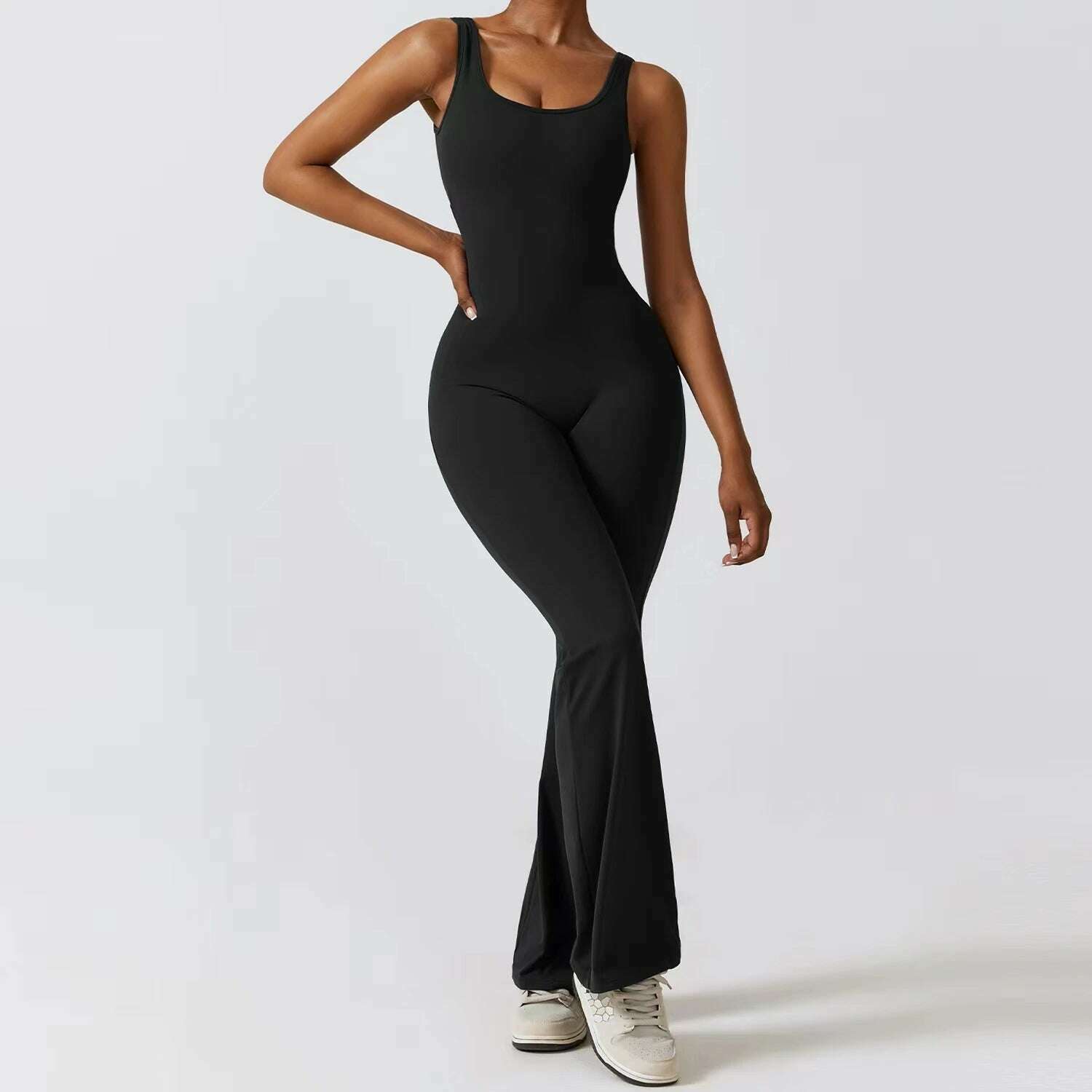 KIMLUD, Women's Sports Style Hollow Back Bodysuit Yoga Jumpsuit with Chest Pad Honey Peach Hip Flare Pants New Autumn Sports Style 831, black / S, KIMLUD Women's Clothes