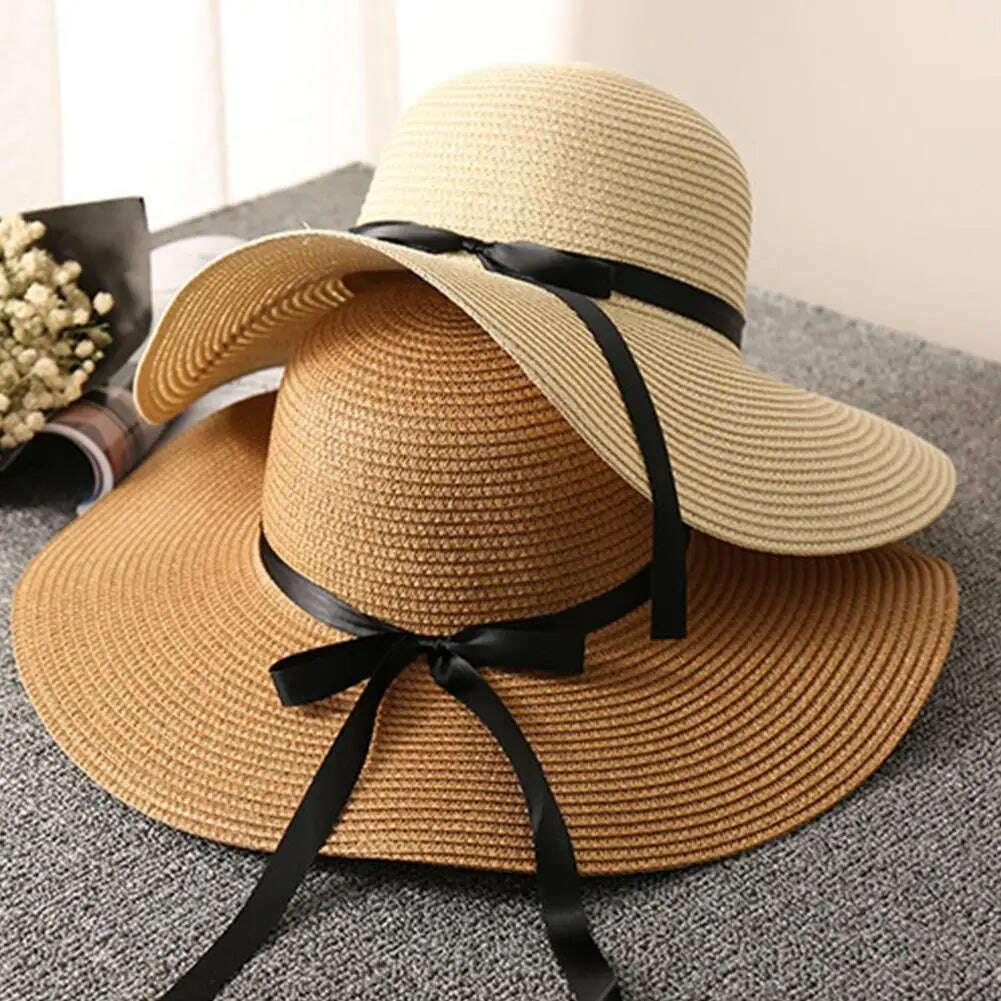 KIMLUD, Women's Straw Sun Hat Wide Brim Flat Beach Hat Summer Sun Protection Cowboy Style Hat Rolled Up Packable Panama Hats, KIMLUD Womens Clothes