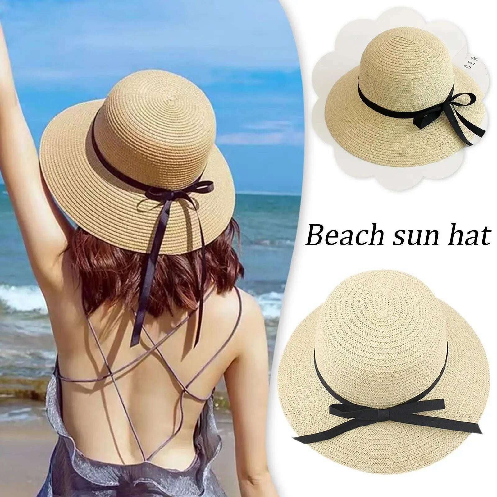 KIMLUD, Women's Straw Sun Hat Wide Brim Flat Beach Hat Summer Sun Protection Cowboy Style Hat Rolled Up Packable Panama Hats, KIMLUD Womens Clothes