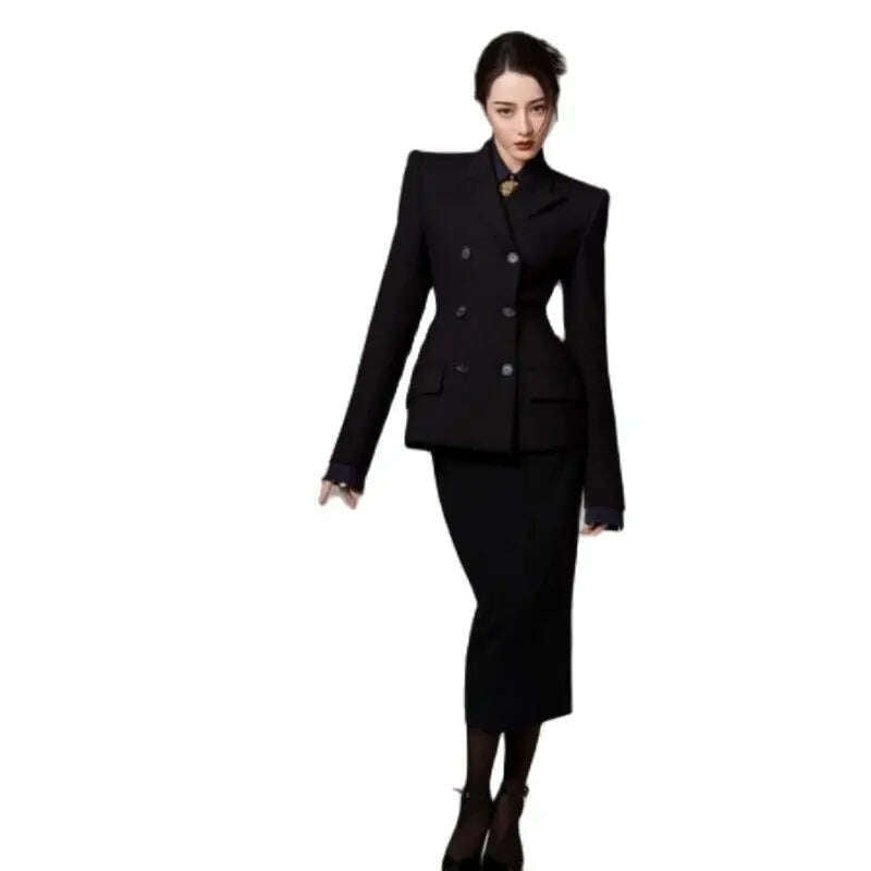 KIMLUD, Women's Suit Heroic 2-piece Set Fashion Solid Color Double-breasted Handsome Lapel Collar and Calf Long Skirt Slim Top Suitable, KIMLUD Womens Clothes